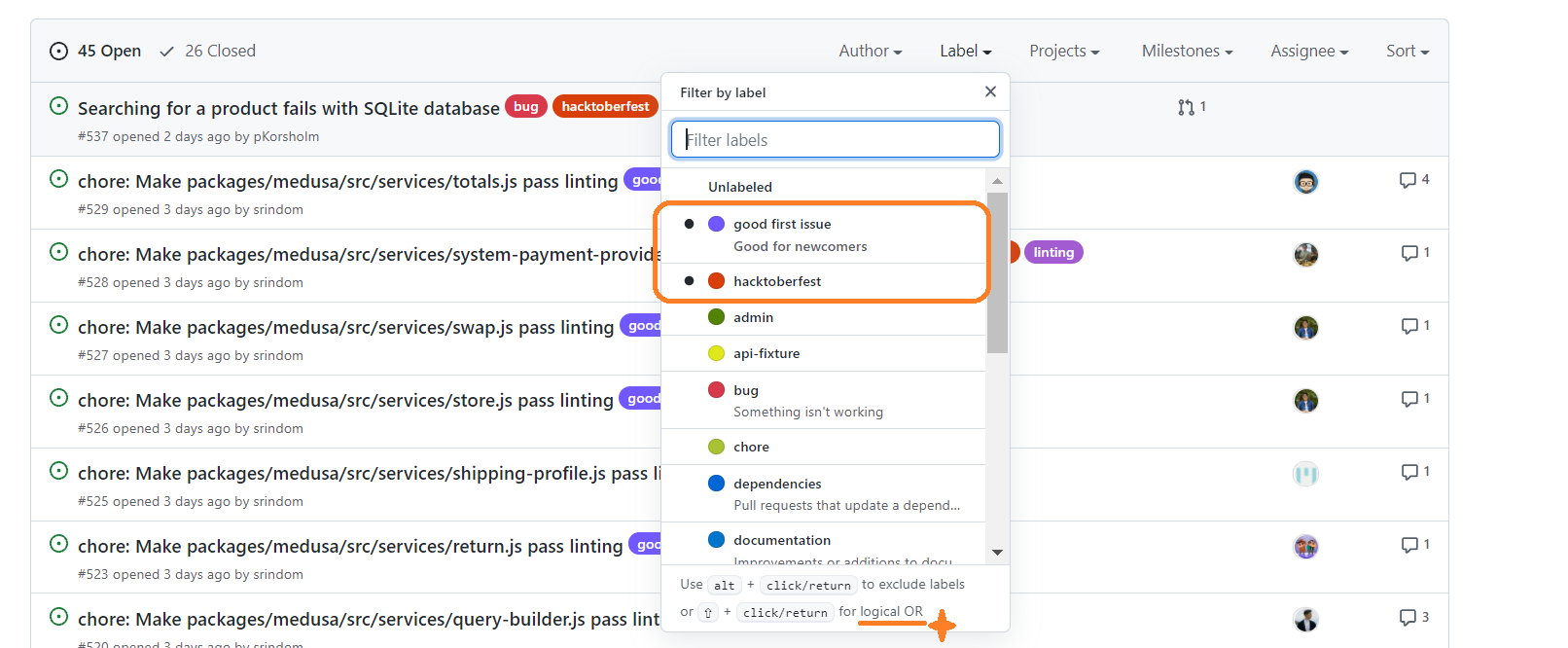 Filter issues using labels at GitHub
