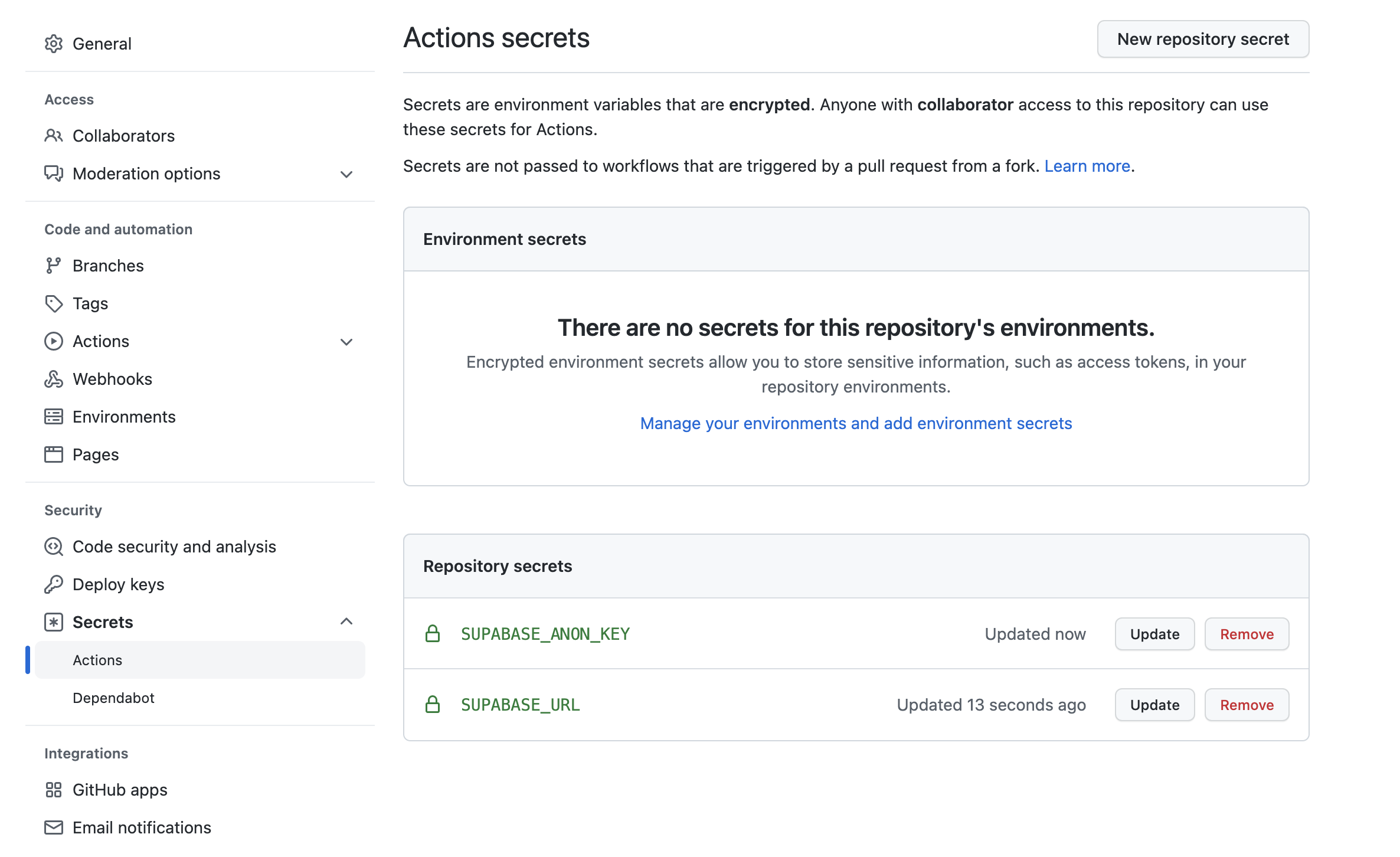 Settings > Secrets > GitHub secrets