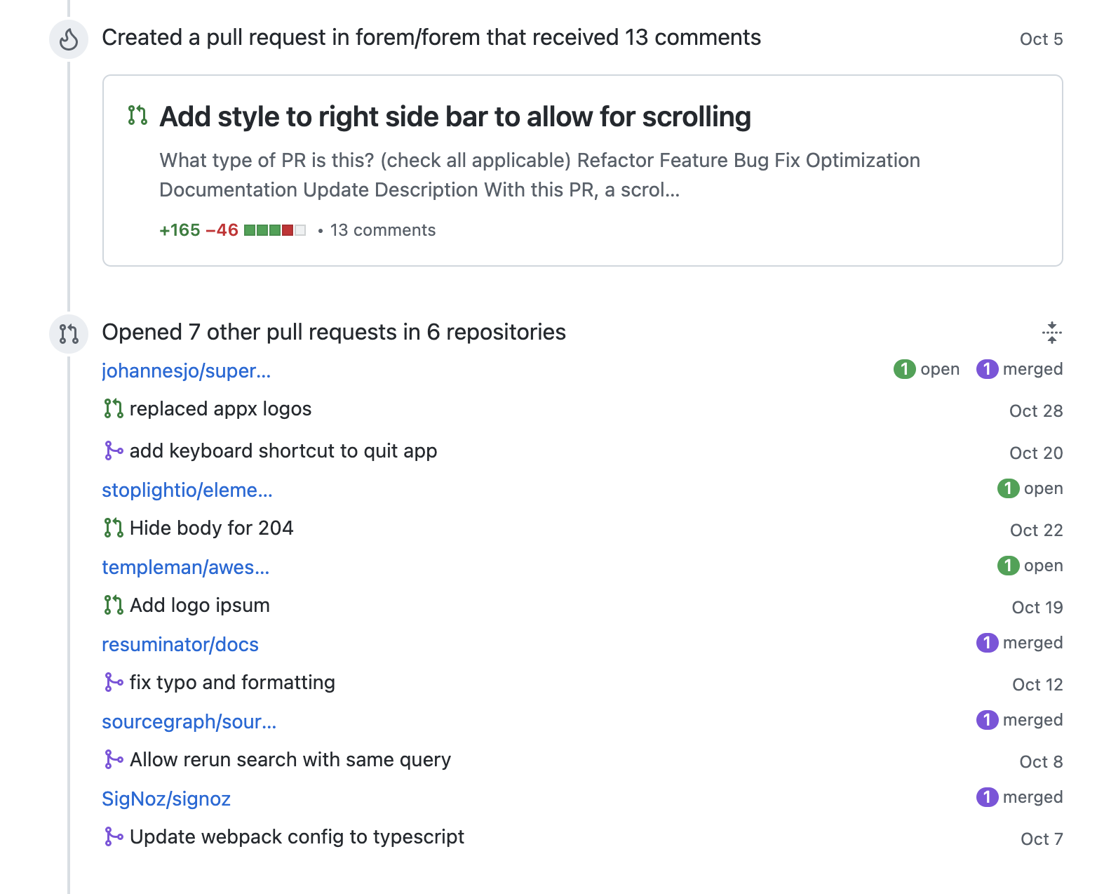 Opensource contributions - 8 PRs opened, 4 merged