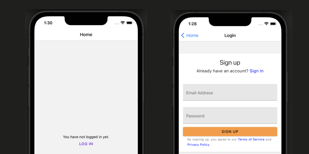 Home Screen preview with Login Screen Preview: Login Screen only has Sign up component for now