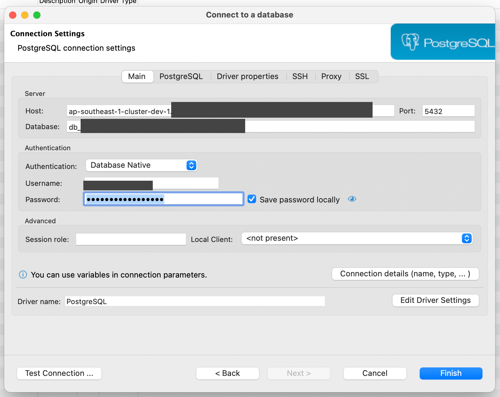 the host, database, username and password fields are filled with values you get from the supertokens dashboard