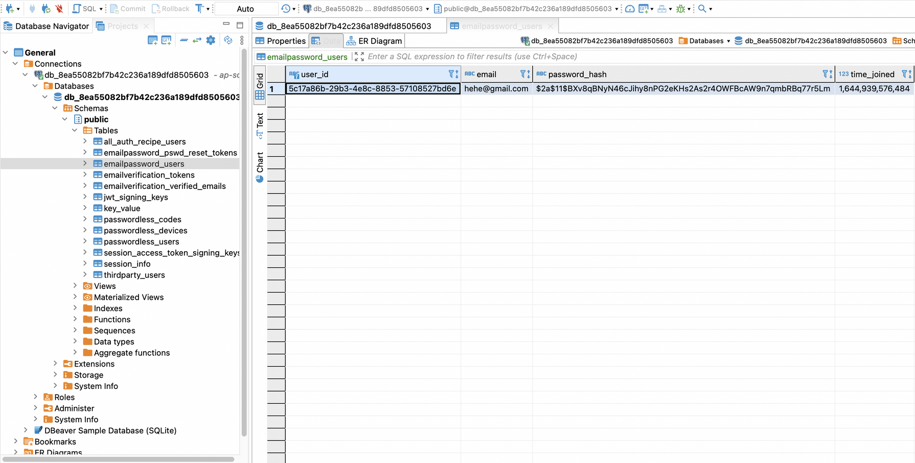 A record for the user that we just created in the db