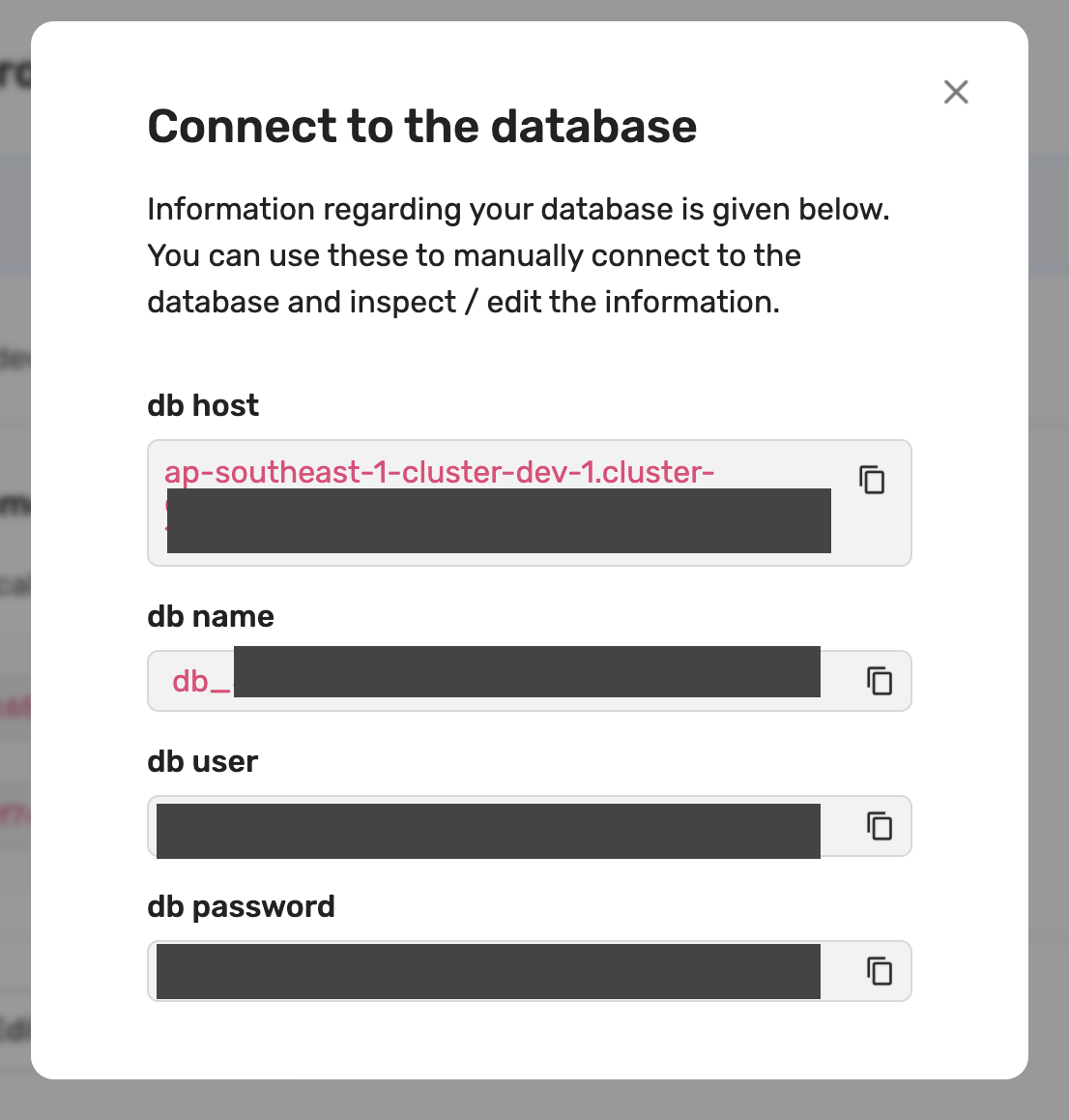 supertokens modal showing db connection settings